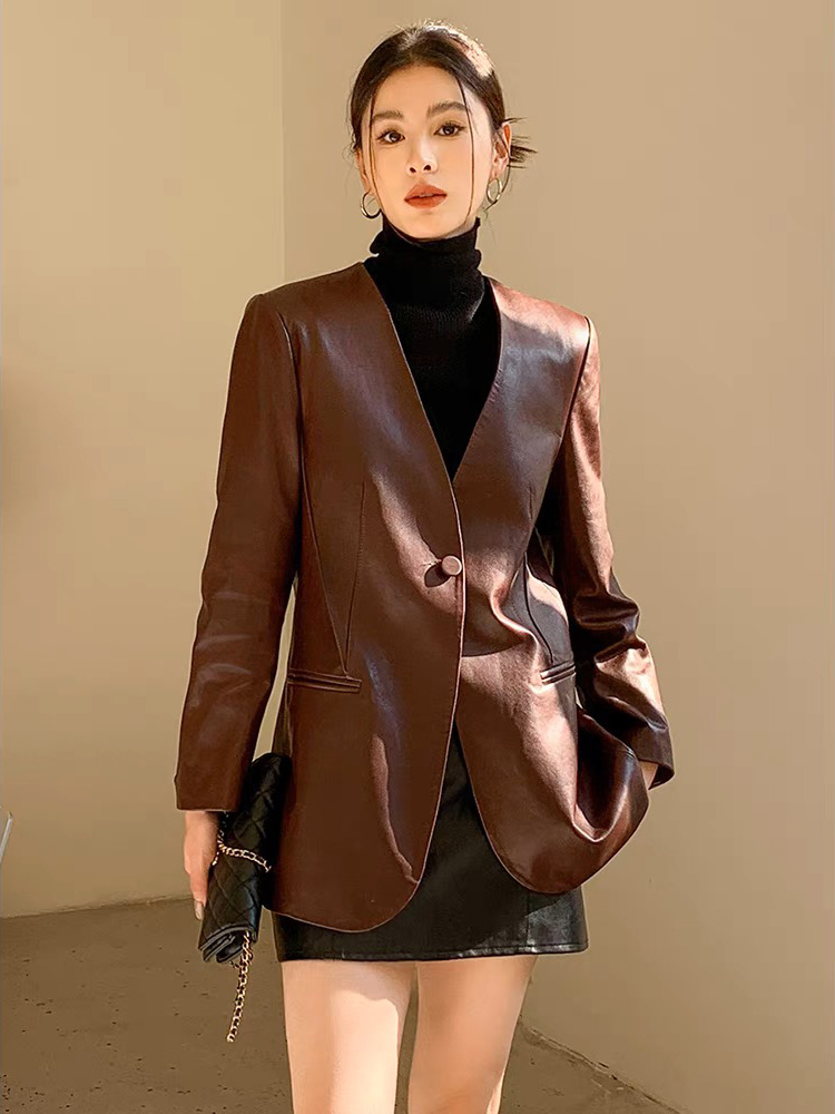 Roupas femininas elegante casaco de couro genuíno com decote em v jaquetas borgonha streetwear preto senhora do escritório estilos médios e longos