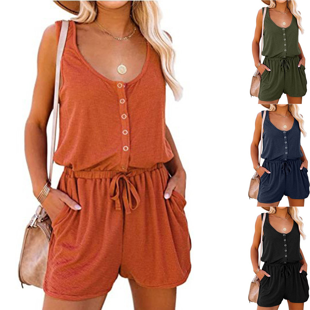 Europäischer und amerikanischer Damen-Sommer-grenzüberschreitender neuer ärmelloser Overall mit Taillenbindung, lässige, lockere Shorts mit weitem Bein