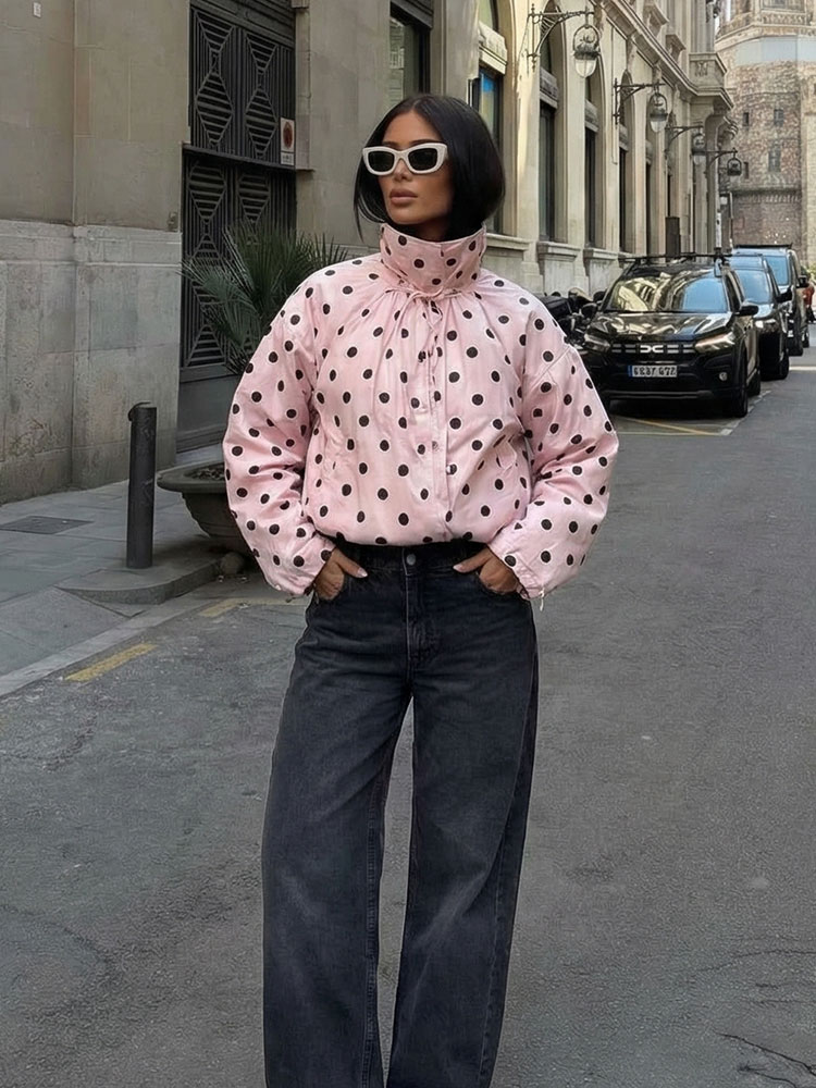 HH 2026 Spring Trend Women Polka Dot Pink Coats Turtleneck Long Sleeve Buttons Jacket Fashion High Street Lady Chic Tops Jackets