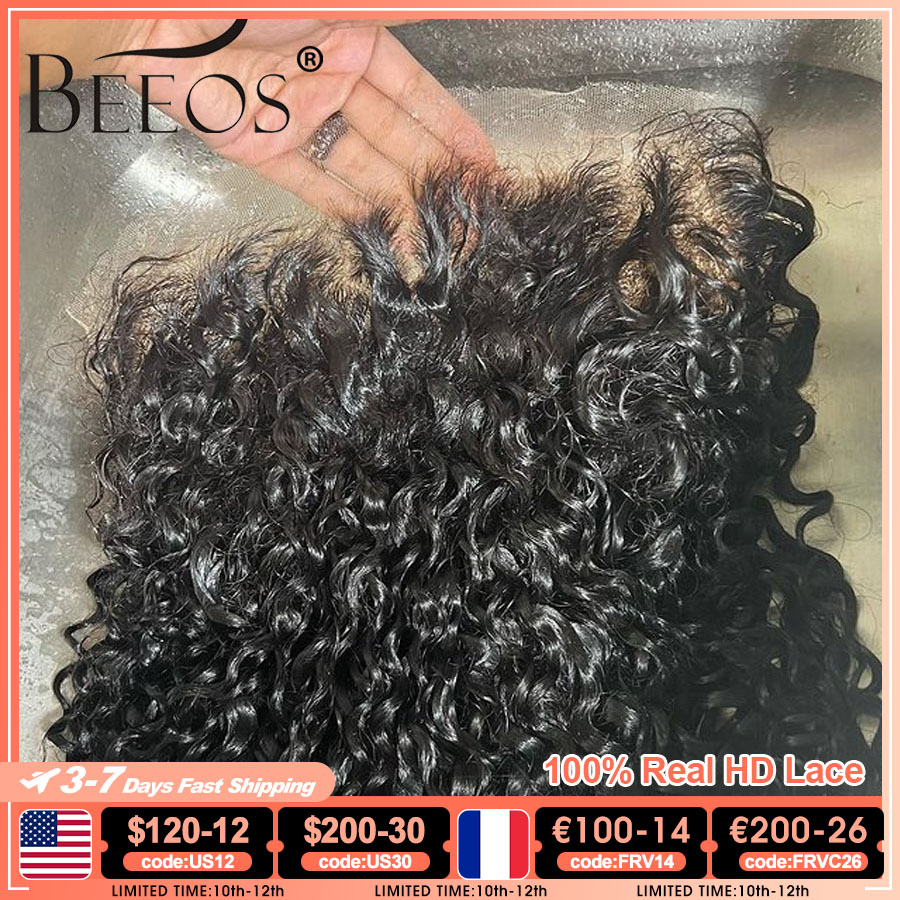 BEEOS Skinlike 13x6 HD encaje Frontal Only Water Wave prearrancado 6X6 5x5 HD Cierre de encaje solo cabello humano brasileño rizado profundo