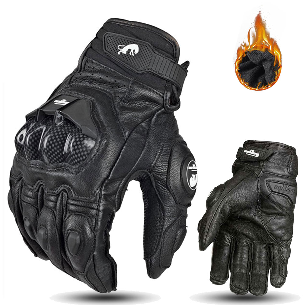 Leather Motorcycle Gloves Black White Racing Genuine Leather Bike Motorbike Road Racing Team Glove Waterproof Men Summer Winter