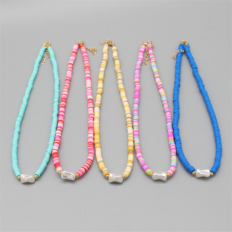 Boho สร้อยคอไข่มุกธรรมชาติที่มีสีสัน Soft Polymer Clay ลูกปัด Choker จี้คอ Collar Beach Handmade Femme เครื่องประดับของขวัญ