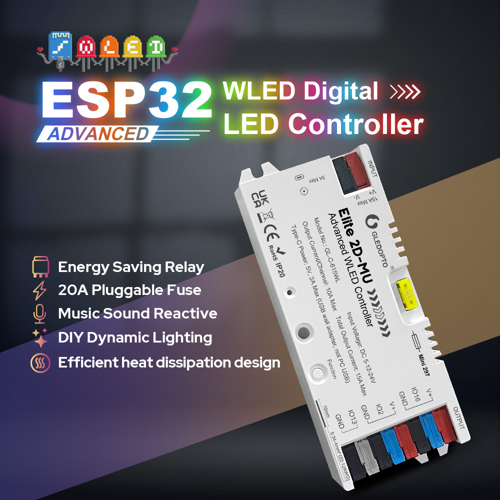 Controlador de Tira LED GLEDOPTO Elite ESP32 WLED, Dinámico, Reactivo al Sonido, Fusible de 20A, UART, Ahorro de Energía, Relé, Tira LED RGB Direccionable