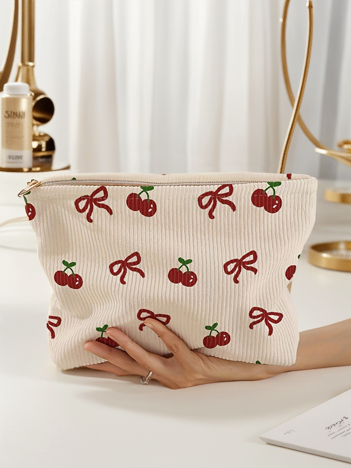 1 unidad, bolsa de maquillaje con cremallera de pana con estampado de lazo rosa, bolsa de almacenamiento de maquillaje ligera y multifuncional