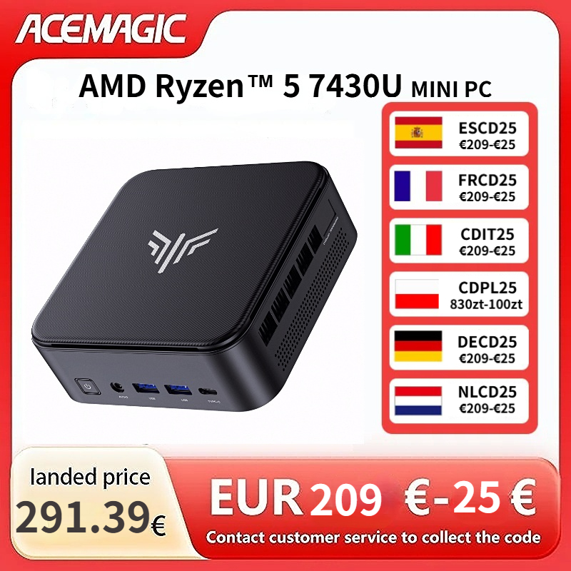ACEMAGIC Mini PC z procesorem AMD Ryzen 5 7430U (6-rdzeniowy, do 4,3 GHz), 16 GB DDR4, 512 GB SSD, Mini PC do gier z obsługą 4K, WiFi 6, Windows 11 Pro