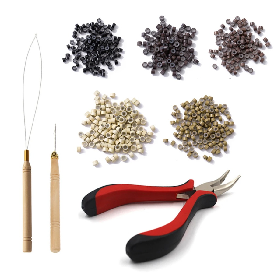 Kit de extensiones de cabello, enhebrador, gancho y alicates y 100 Uds. De anillos de silicona, un juego para extensiones de cabello con cuentas