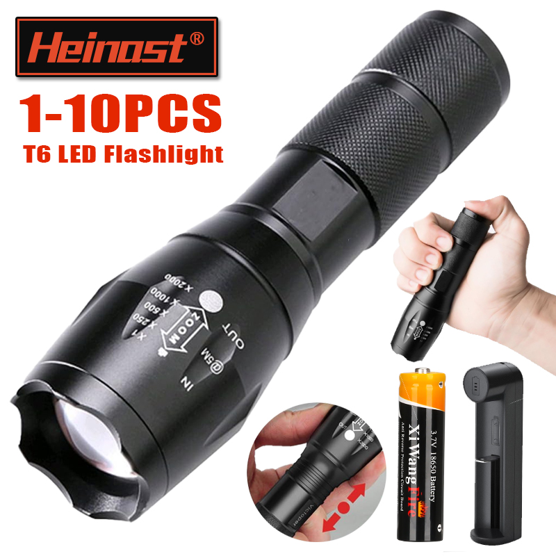 Hochleistungs-T6-LED-Taschenlampen, Camping-Taschenlampe, 5 Lichtmodi, Zoomlicht, Aluminiumlegierungen, wasserdichtes Material, extern, 18650-Akku