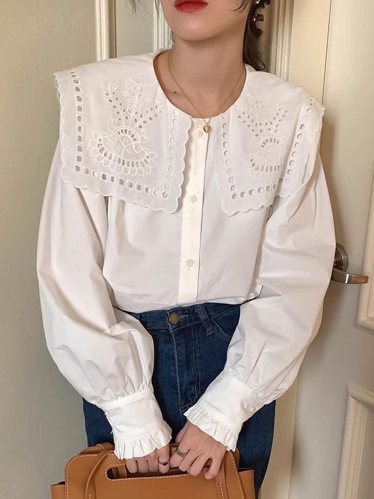 Zoki-camisas coreanas de color blanco dulce para mujer, blusa holgada con cuello de marinero, Tops elegantes de manga larga estilo Preppy para mujer, Tops calados a la moda