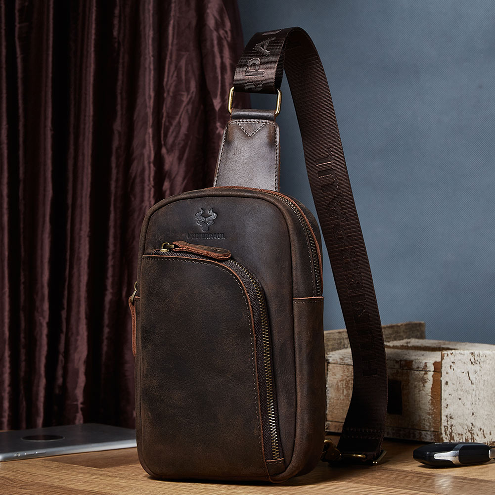 HUMERPAUL Durable Top Layer Leather Men's Chest Bag  Classic Large Capacity Business Crossbody Bags for Work Outdoor Male Bag