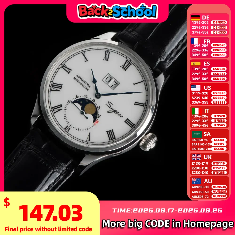 Sugess-Montre de luxe Tianjin ST25 pour homme, mouvement mécanique automatique, véritable phase de lune, rétro, saphir