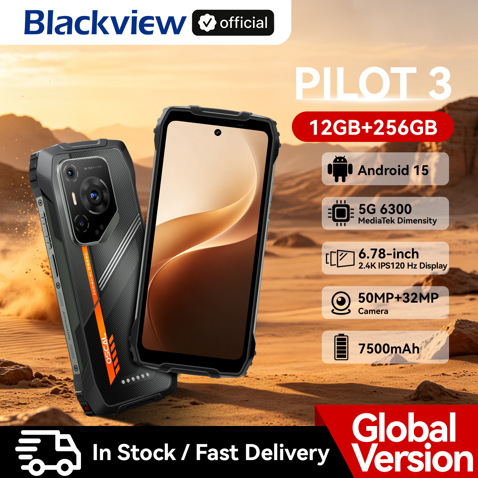 Blackview OSCAL PILOT 3 5G Mobiele Telefoons AI Robuuste Smartphone MTK 6300, 6.78' 2.4K Scherm 120Hz, 12GB 256GB, 7500mAh Telefoons