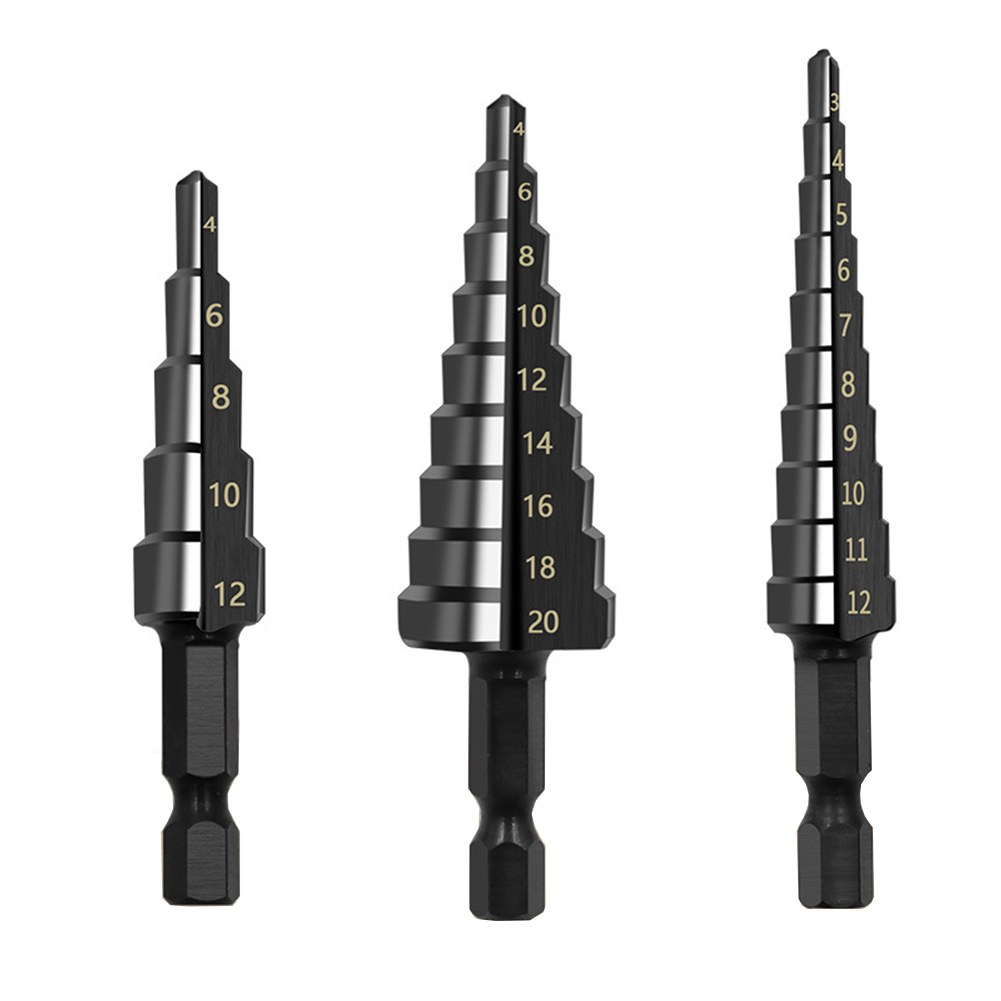 Juego de brocas escalonadas de acero HSS, brocas ranuradas en espiral recubiertas de nitrógeno, 3-12 4-12 4-20mm, cortador de agujeros, broca rápida cónica, 1 ud.