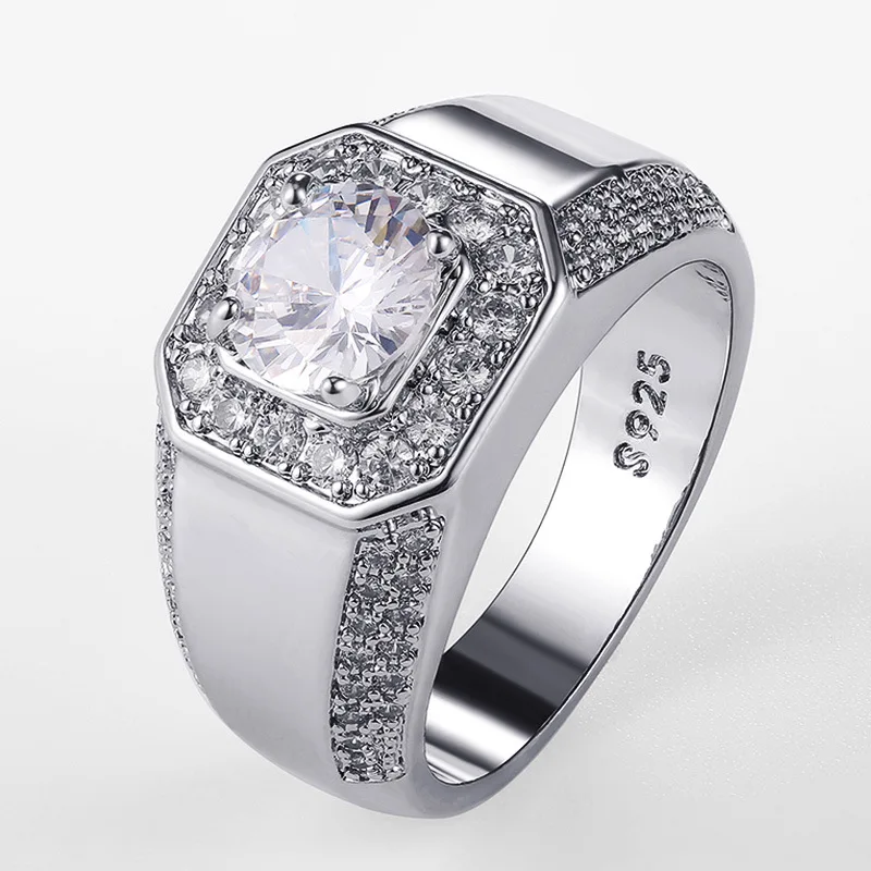 Anillo de boda de Plata de Ley 925 de lujo con piedra de circón de cristal AAA para hombre, anillos de Plata para fiesta de compromiso Noble brillante, sello