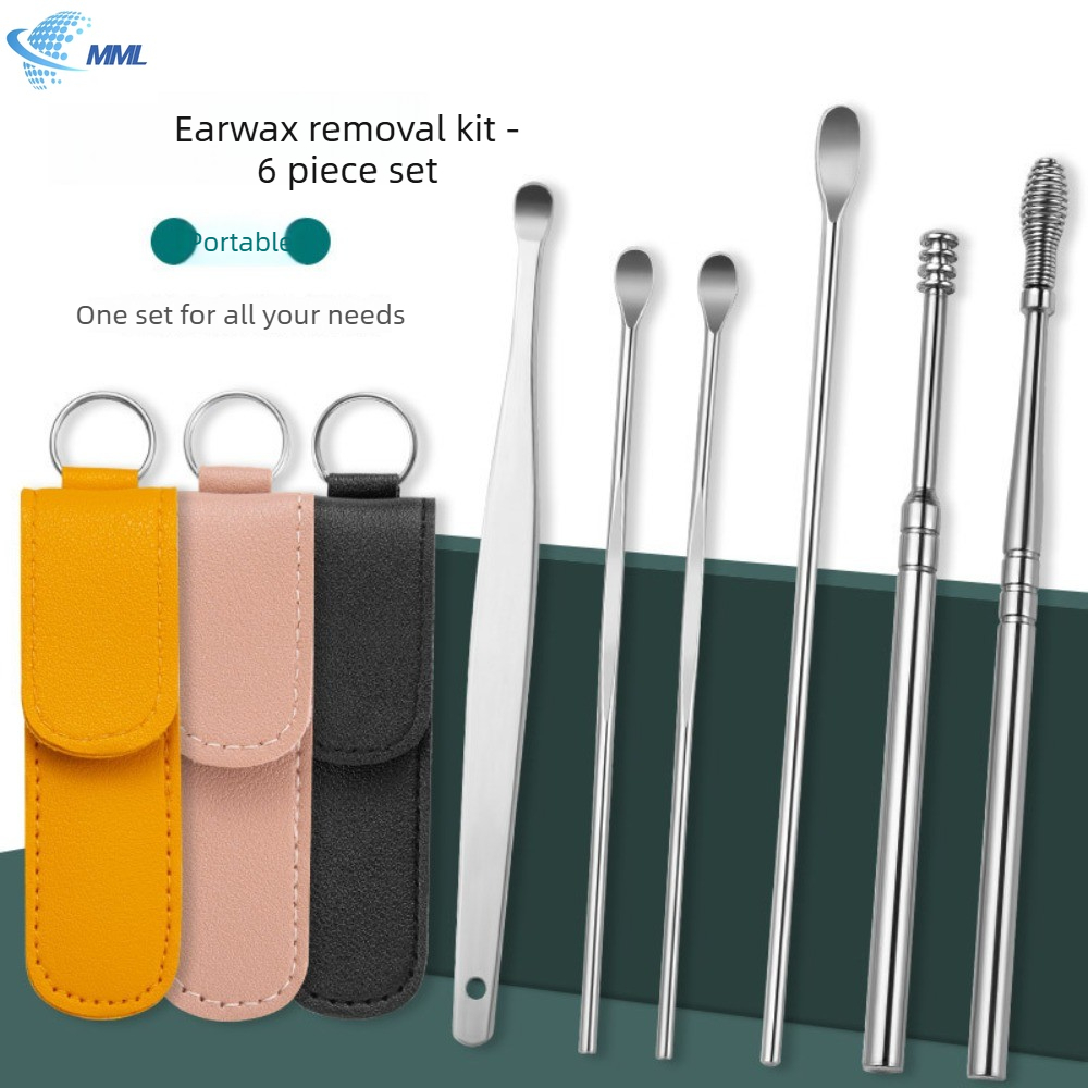 ชุดที่แคะหูแบบพกพา ชุด 6 ชิ้น, ที่แคะหูสแตนเลส ทำความสะอาดแบบเกลียว 360 องศา, ชุดที่แคะหู