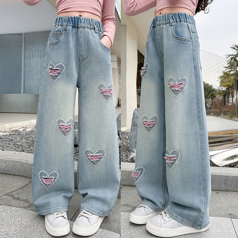 Calças Jeans para Meninas com Estampa em Forma de Coração, Corte Reto, para 5 a 14 Anos, Calças Estilosas para Adolescentes