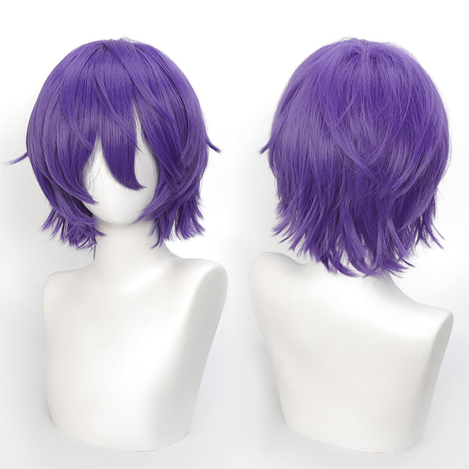 Krótkie peruki cosplay 30 cm niebiesko-fioletowe krótkie falowane bob z grzywką, ostre włosy anime, peruka cosplay z włókna syntetycznego odpornego na ciepło.