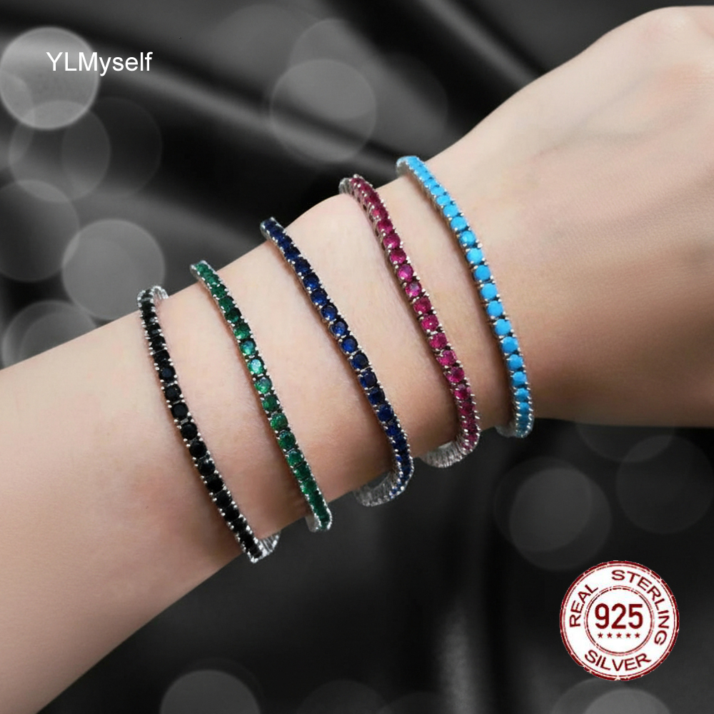 Bracelet de Tennis en argent pur de 14 à 21 CM, chaîne de bijoux pavé de 3mm, rubis/bleu/vert/Turquoise/noir CZ éternité, bijoux réels 925