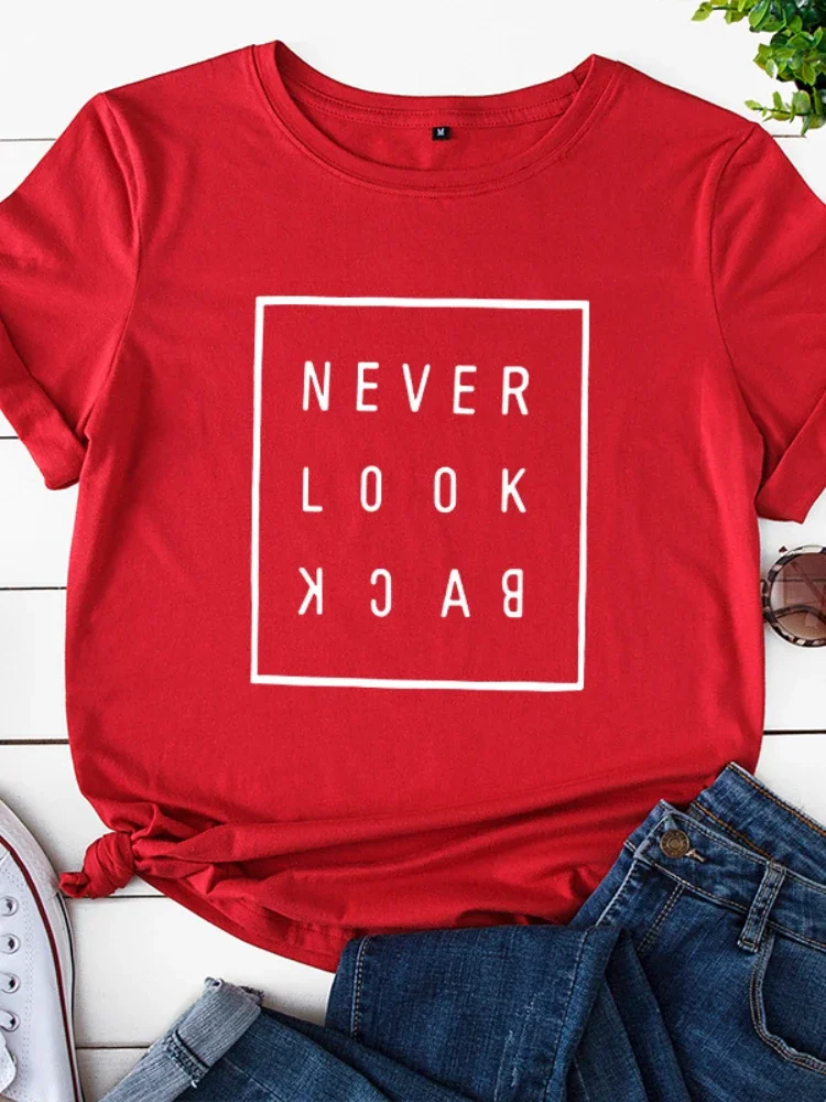 NEVER LOOK BACK Lettera Stampa T Shirt Donna Manica corta O Collo Maglietta allentata Maglietta estiva da donna Top Camisetas Mujer