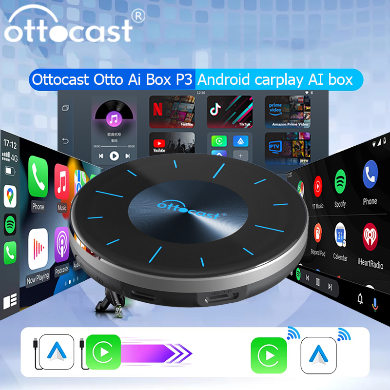 OTTOCAST P3 Otto Ai Box CarPlay AI Box Draadloze Android Auto Smart TV Box Auto-accessoires voor Benz Audi Kia Hyundai VW Toyota
