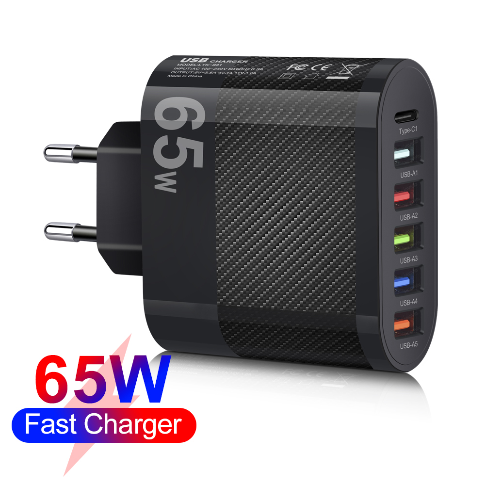 Muti 6 ポート充電器 65 ワット USB 高速急速充電 PD 携帯電話壁アダプタ Huawei 社メイト 60 Xiaomi 13Quick Charge 3.0