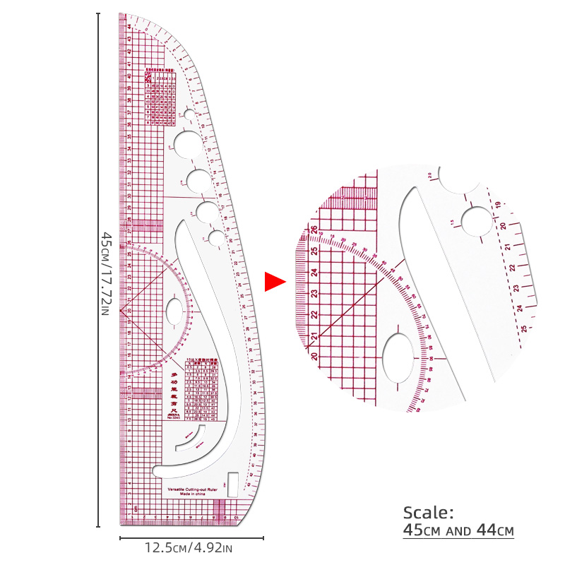 Regla de doble uso recta y curva de 45 cm/17,7", escala incorporada para coser, sastrería y manualidades