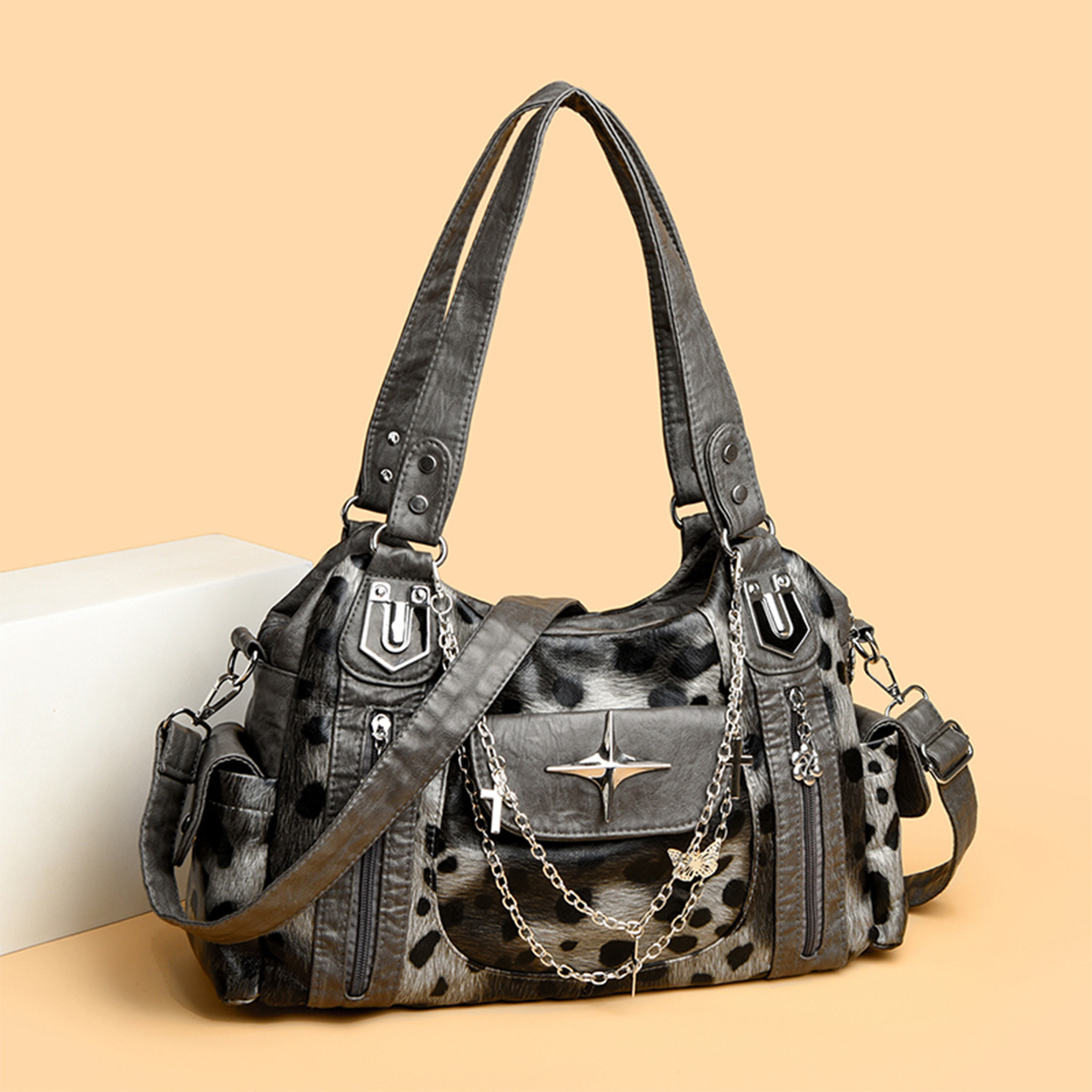 Bolsa crossbody retrô punk feminina, corrente de metal, vários bolsos, grande capacidade, alça ajustável em pu, bolsa de ombro para compras e deslocamento
