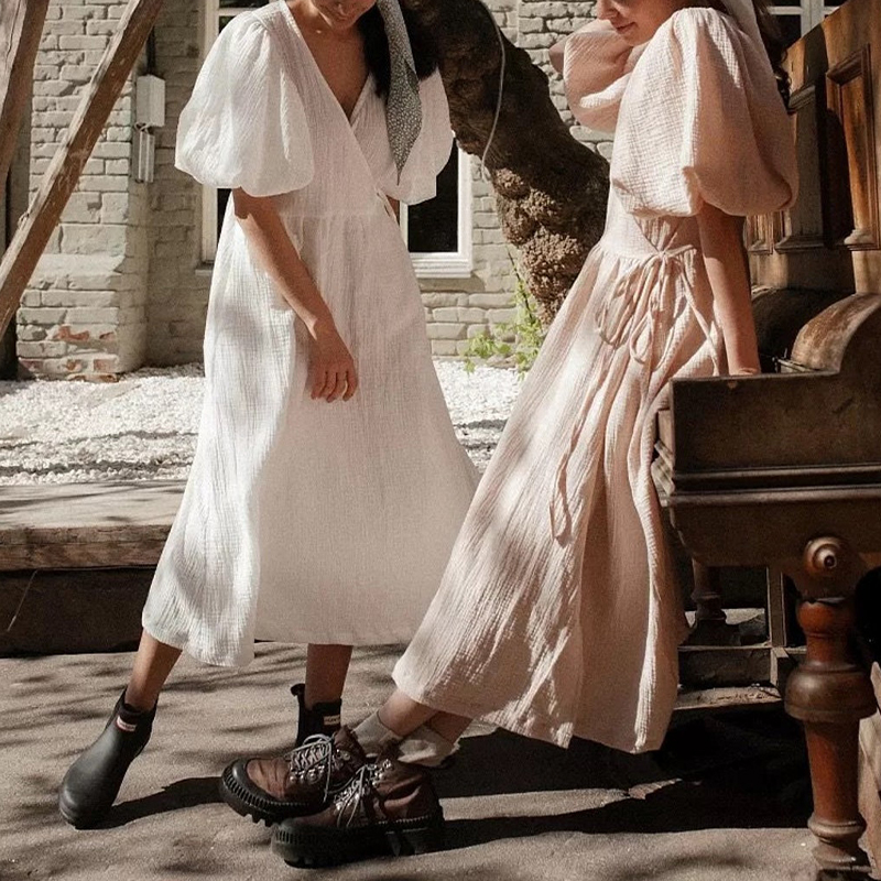 Causal 100% Cotton ชุดสตรี Vintage Crepe ผ้าพันคอ V-Neck พัฟแขนเสื้อลูกไม้สีขาวชุดยาวเดรสยาว