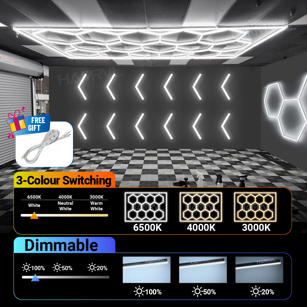 Dimmbare sechseckige Garagenbeleuchtung, 3 Farbwechsel, 6000 K, 4000 K, 3000 K, Fitnessstudio, Waben-LED-Röhre, Auto-Detail, Werkstatt, Friseur, Deckenbeleuchtung