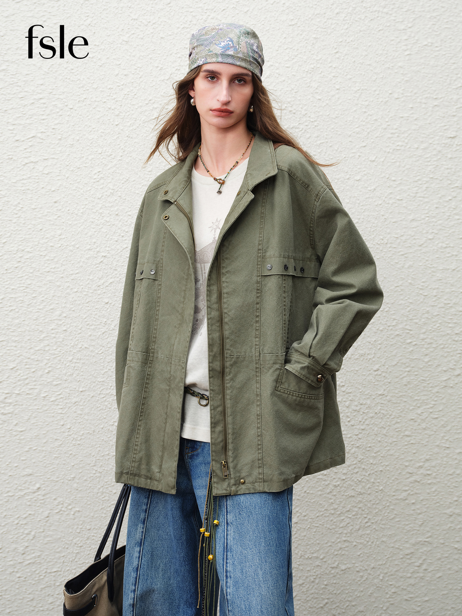 FSLE【Premium Serie】2026 Frühling Damen Vintage Utility Stehkragen-Jacke Retro Cargo Kurzmantel für Urban Street Oversize-Stil