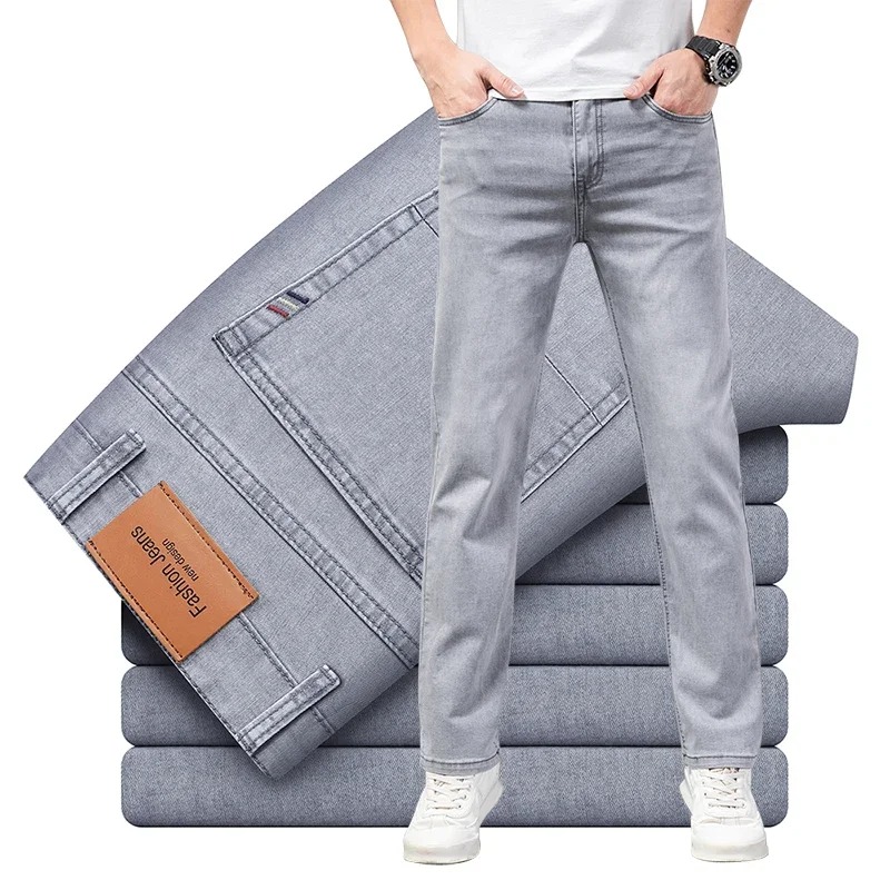 Zomer elastische herenjeans mode grijs comfortabel zakelijk recht stretch katoen casual denim broek merk mannelijke dunne broek