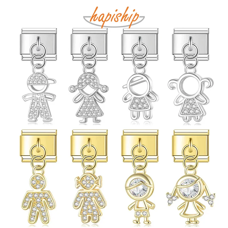 Hapiship 2023 New Fashion Original Daisy Boy Girls Shiny CZ Italian Charm Fit 9mm Bracelet Stainless Steel Jewelry Making DJ670