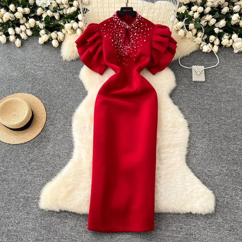 Chique elegante uitgeholde kralen vlindermouwen slanke kokerjurk vintage Koreaanse sexy vrouwen sexy avondfeest zomerkleding