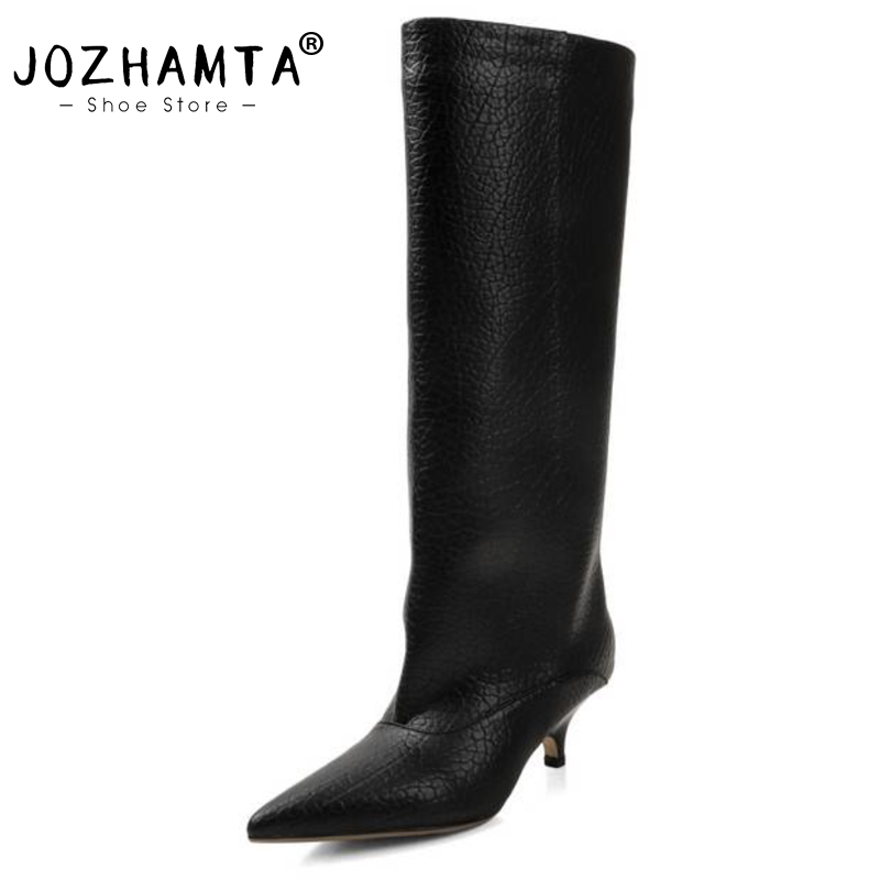 Женские зимние сапоги JOZHAMTA из натуральной кожи, размеры 34-39, на низком каблуке, для сексуальных женщин, осенние сапоги до колена, длинные сапоги под платье.