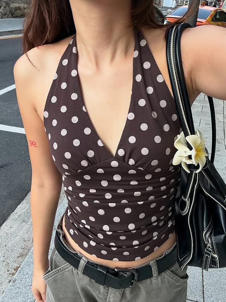 Chaleco con estampado de lunares de gato extraño para mujer Y2K con cordones y espalda descubierta Halter con cuello en V ajustado tendencia de verano camisetas sin mangas básicas elegantes de calle diaria