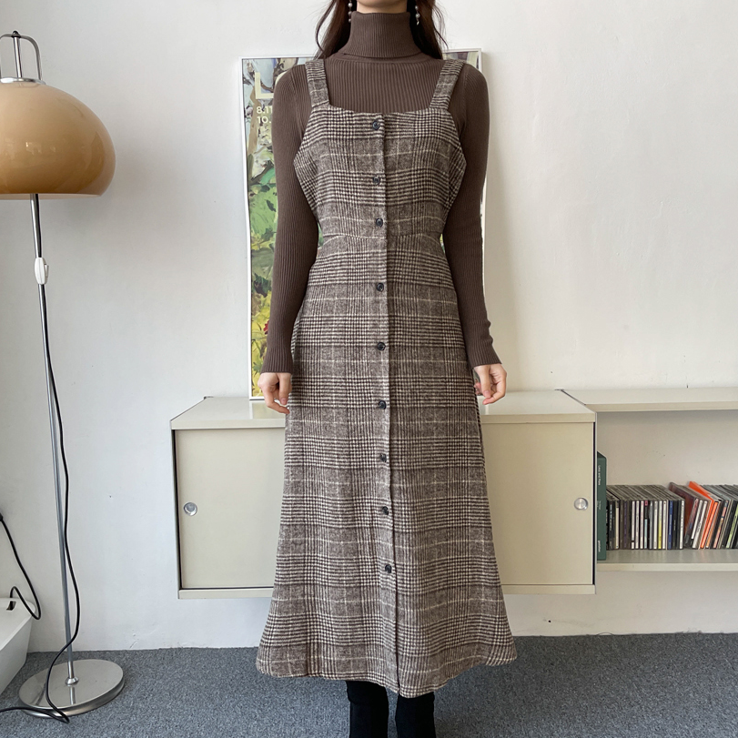 Korean Style Women's Sleeveless Dress Autumn Winter Plaid Print Wool Blends Loose Fit Sexy Saghetti Strap Robe for Ladies KE1088