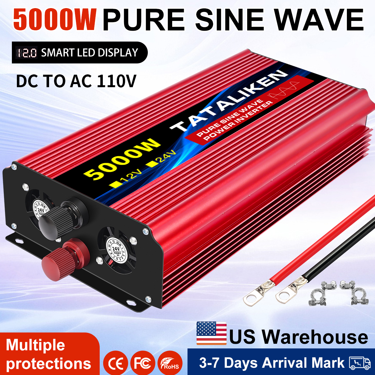 Onduleur à onde sinusoïdale Pure 12V à AC 110V 60HZ, prise américaine, puissance de voiture 1600W/2200W/3000W, convertisseur Portable de tension avec LED