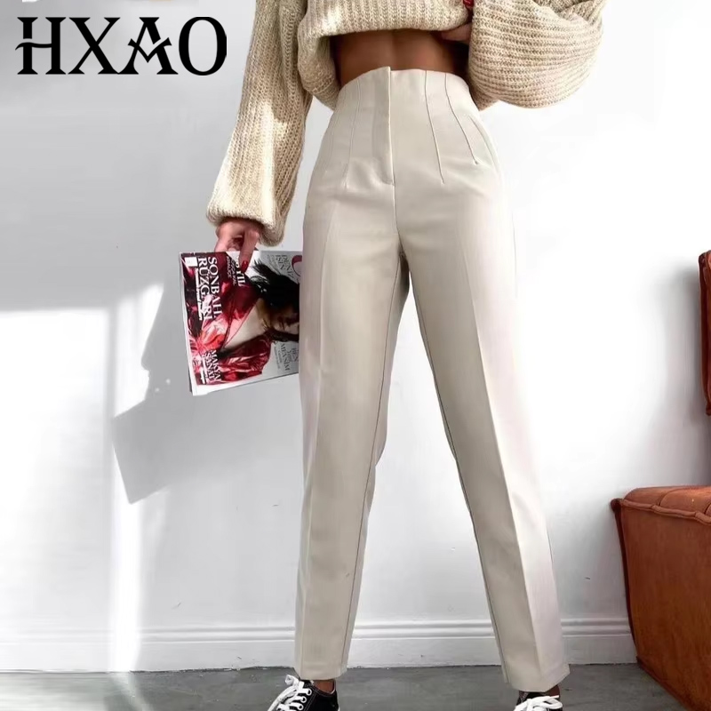 HXAO Office Wear Dames Formele Broek Geplooide Hoge Taille Broek Voor Vrouwen Casual Witte Cropped Broek Zwartroze Vrouw Broek