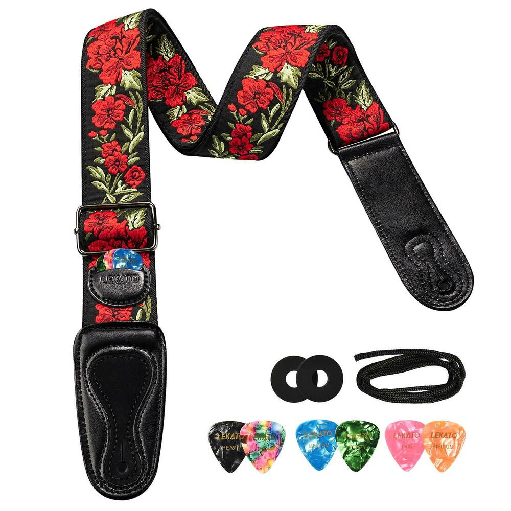 LEKATO LGS-6 Gitarrengurt mit 6 Plektren und 2 Schlössern für E-Akustikgitarren-Bass