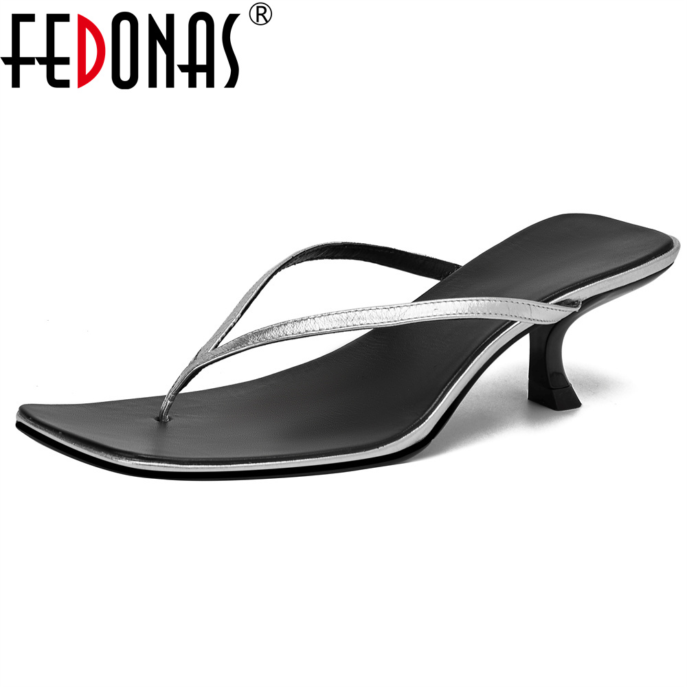 FEDONAS sandal hak tinggi kulit asli wanita modis sepatu kasual Flip-flop sandal musim panas Pump pesta Prom sepatu wanita seksi