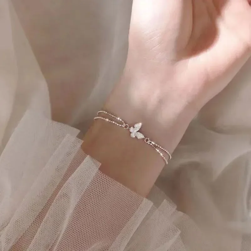Blumen schmetterling kubischen Zirkonia koreanischen süßen Kristall Anhänger Armband Frauen rund verstellbar glänzend Strass Armreif Schmuck