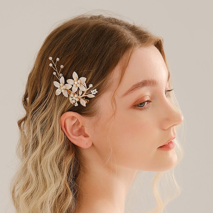 Klip rambut bunga mutiara buatan tangan untuk wanita jepit rambut pengantin aksesori rambut pernikahan warna emas kristal hadiah aksesori kepala pengantin