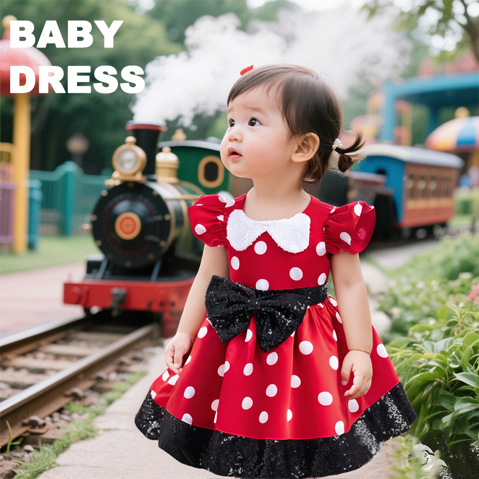 Minnie Same Princess Dress Girls Polka Dot Fly Sleeve DressChristmas Mickey Stage Performance Clothes Babies One Year Old Gown