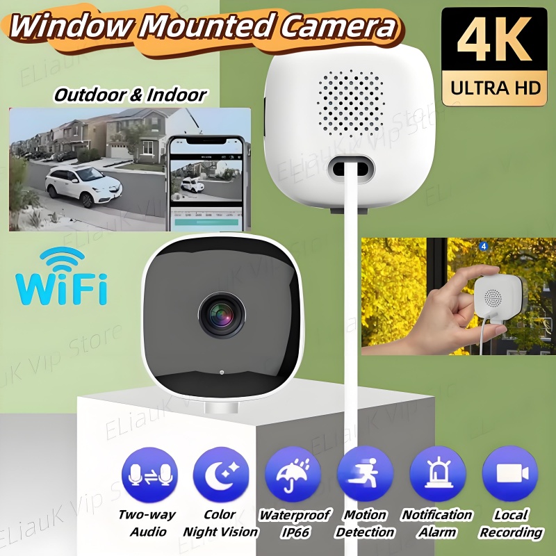 Cámara de Vigilancia Inalámbrica Wifi para Montar en Ventana, Monitoreo Remoto por Teléfono Móvil, 3 Millones/4K HD, Visión Nocturna, Tarjeta de Red
