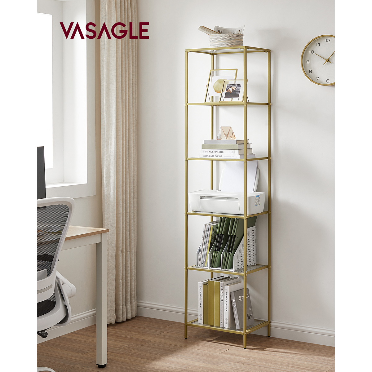 VASAGLE 6 ripiani in vetro scaffale libreria armadio sottile struttura in acciaio per bagno soggiorno ufficio camera da letto oro LGT500A01