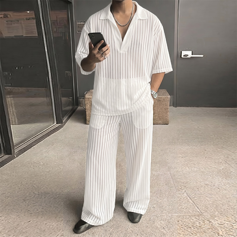 INCERUN Conjuntos para hombre, camisa de manga corta con solapa transparente de malla a rayas, pantalones, conjuntos de dos piezas, conjuntos a juego de moda urbana para hombre
