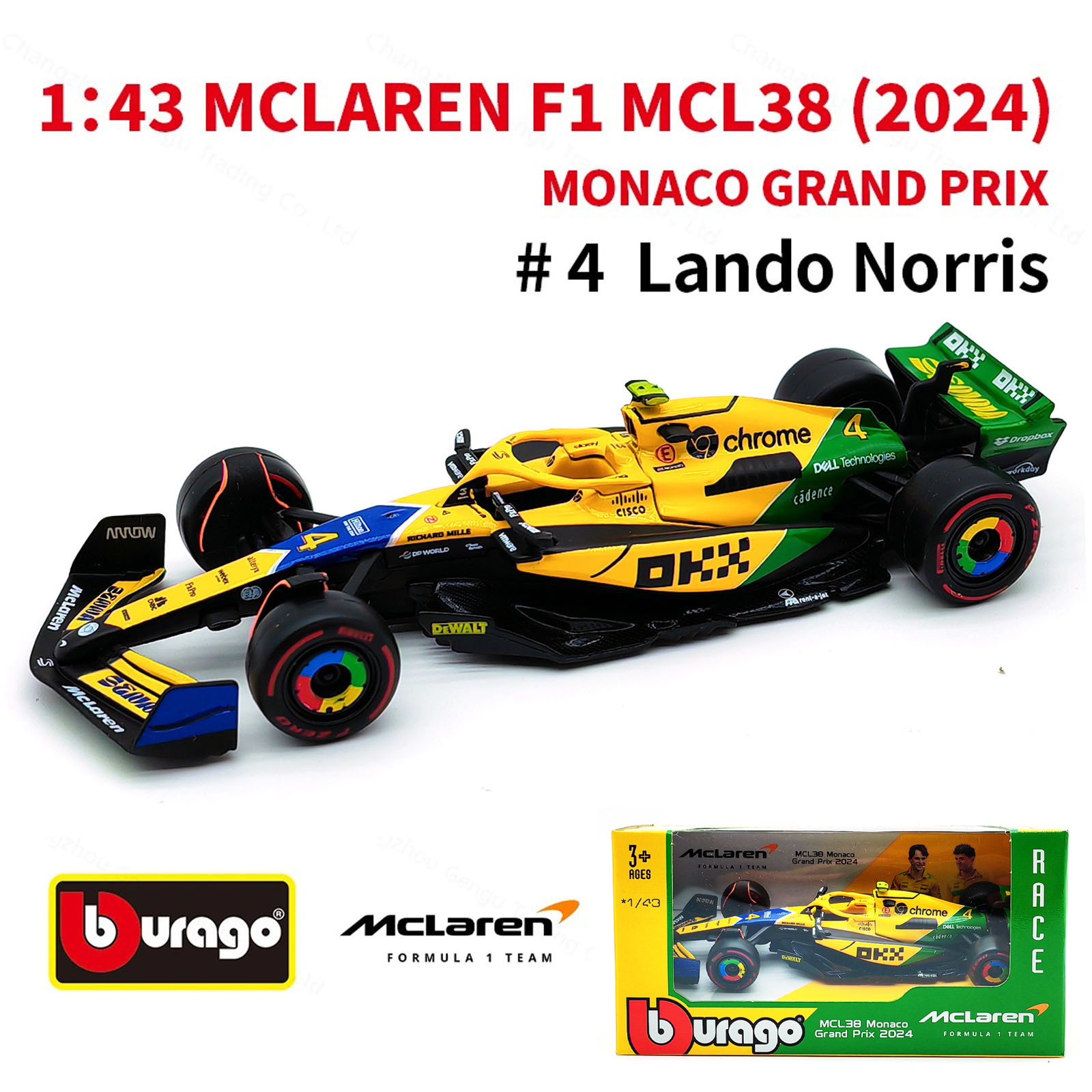 Bburago 1:43 2024 F1 Mclaren Mcl38 Монако Гран-при F1 Миниатюрная литая под давлением модель из сплава # 4 # 81 Ландо Норрис F1 Автомобиль Игрушки Подарок