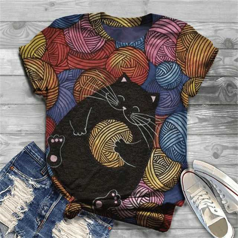 Camiseta linda de gato estampada em 3D para mulheres, roupas casuais, tops de manga curta, streetwear solto, camisetas respiráveis, tamanho grande