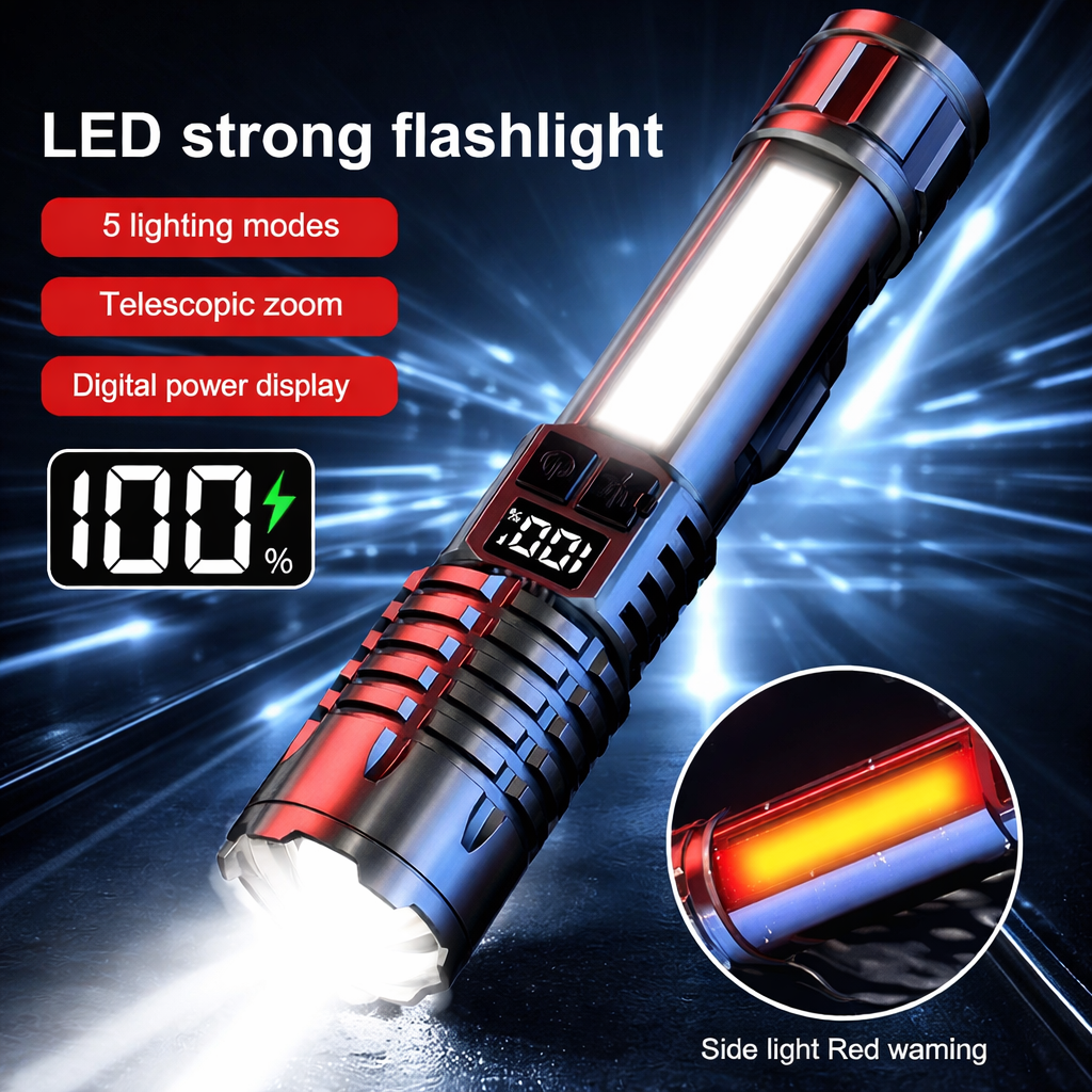 Hochleistungs-LED-Taschenlampe, wiederaufladbar, Typ C, wasserdicht, mit COB-Seitenlicht, Zoom, tragbare Camping- und Wanderlampe