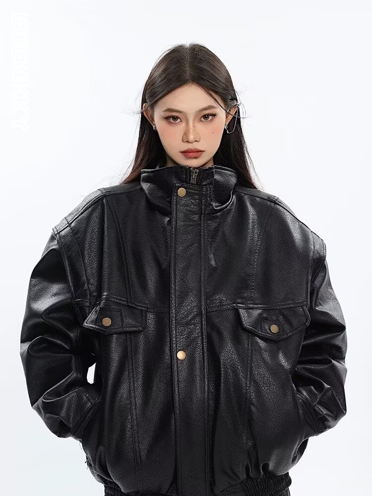 Chaqueta gruesa de cuero Pu negro para mujer, Bomber de gran tamaño a prueba de viento con cremallera, prendas de vestir Unisex de diseñador de lujo para motocicleta, primavera y otoño