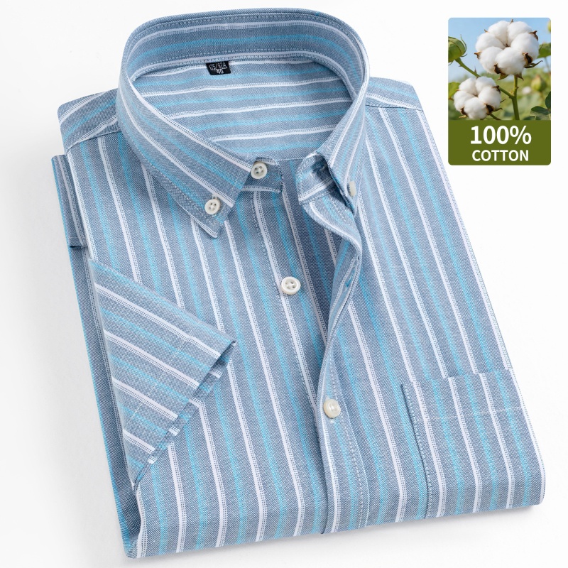เสื้อเชิ้ตผู้ชายผ้าฝ้ายอ๊อกซ์ฟอร์ดแท้ 100% แขนสั้น ลายสก็อต เนื้อผ้านุ่ม ทรงปกติ เสื้อเชิ้ตทางการ เสื้อเชิ้ตสำหรับออกงาน เสื้อผ้าผู้ชาย ไซส์ 6XL 7XL